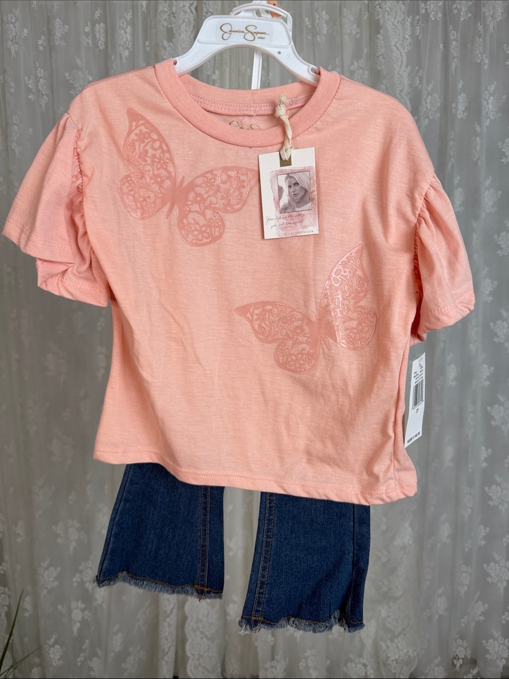Jessica Simpson Peach Butterfly Puff Sleeve Tee NWT
